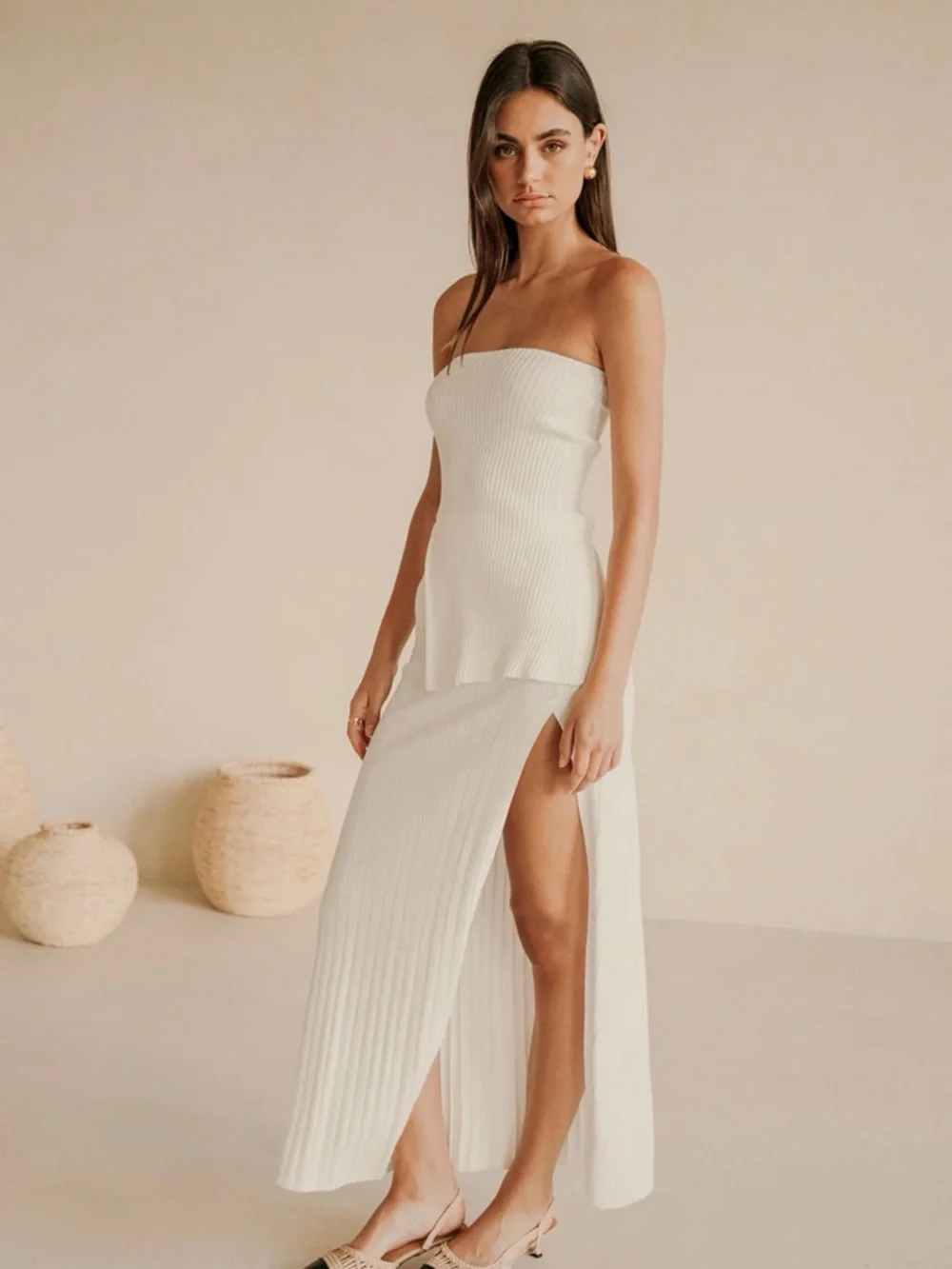 SABO Saria Skirt and Top Set Cream Column Maxi Bachelorette Bride - Picture 3 of 5